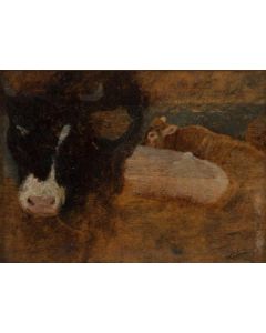 Federico Rossano, Cows to the pasture in the landscape at dusk, oil on wood, 17,5x12,5 cm 