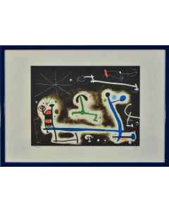 Joan Mirò, Festa di personaggi e uccelli per la notte che sta arrivando, litografia, 35x50 cm, 1968