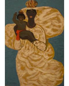 Salvatore Fiume, Black Mother and Child, mixed media screen printing d'aprés 32 colours on brocade, 70x50 cm