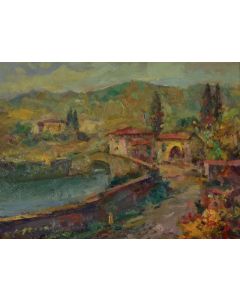 Antonio Sbrana, Antica cascina, olio su tavola, 29x39 cm