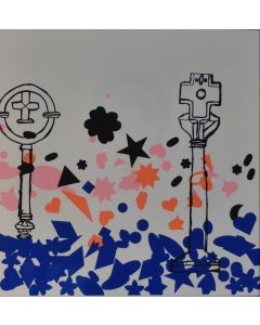 Enrico Baj, Composizione, litografia a colori e collage 38x38 cm 