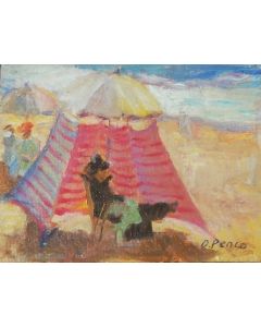 Daniela Penco, Tenda in spiaggia, olio su cartone, 9x12 cm