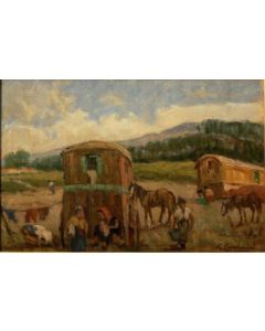 Giuseppe Comparini, Gypsy camp, oil on canvas, 75x45 cm, 1969