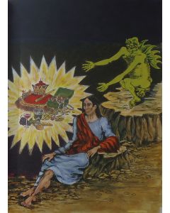 Giuseppe Migneco, Jesus tempted by the Devil, based on "Evangeliarium", lithography, 50x39 cm, 1987