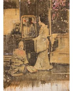Enrico Pambianchi, Geisha allo specchio,  collage, olio, acrilico, matite, gessetti, resine su cartone d'arazzo, 135x177 cm