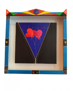 Meloniski da Villacidro, Lovers, mixed media on canvas with small theatre frame, 35x35 cm (50x53 cm small theatre)