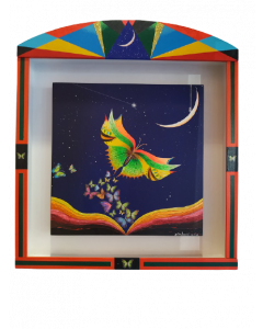 Meloniski da Villacidro, Butterflies, mixed media on canvas with small theatre frame, 40x40 cm (55x62 cm small theatre)