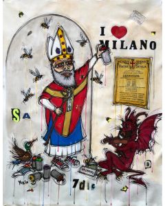 YuX, I Love Milano Sa, acrilico, pastelli a cera, smalto e manifesti su tela, 78x98 cm
