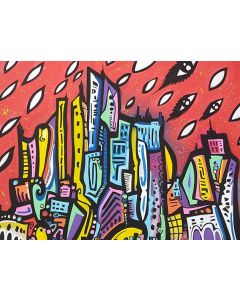 La Pupazza, Pioggia di occhi su New York, acrilico e spray su carta, 50x70 cm