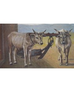 Giovanni Malesci, Oxen yoked, oil on panel, 48x27.5 cm, 1926