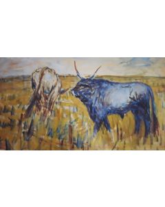 Giovanni Malesci, il toro e la vacca, olio su cartone, 47x26 cm, 1940