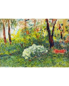 Giovanni Malesci, Azaleas in a park, oil on panel, 70x50 cm, 1967