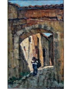 Giuseppe Comparini, Alley with wayfarer, oil on canvas, 25x50 cm, 1969