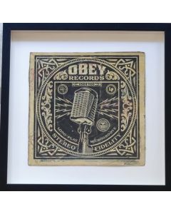 Obey (Shepard Fairey), Microgroove (microphone) AC HPM, silkscreen print and collage paper on LP cover, 30.5x30.5 cm, 2008