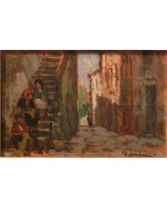 Giuseppe Comparini, Stepladder in the alley, oil on canvas, 27x18 cm, 1971