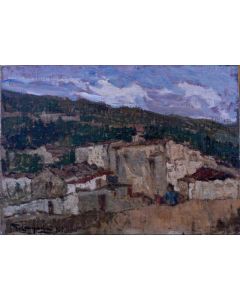 Giuseppe Comparini, Borgo rurale, olio su tela, 42x30 cm, 1965