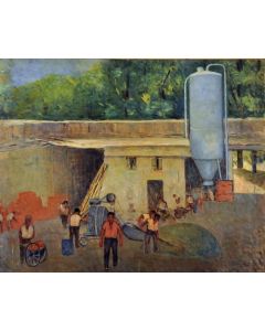 Giovanni Malesci, Nasce una casa, olio su tavola, 64x52 cm, 1964