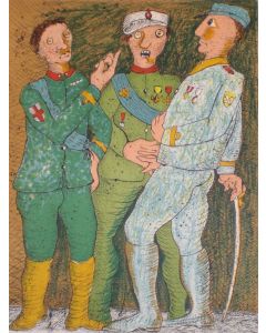 Enrico Baj, Du soldat, litografia a colori tratta dal libro d'artista omonimo, 69x49,5 cm