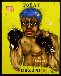 Yux, Today Boxing, acrilico, pastelli a cera, smalto e manifesti su tela, 80x100 cm