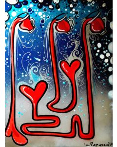 La Pupazza, Wine jug and hearts, acrylic and spray on paper, 50x70 cm
