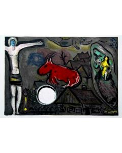 Marc Chagall, Cristo, Bue rosso e Madonna (Crocifissione Mistica), Litografia colorata, 38x55 cm