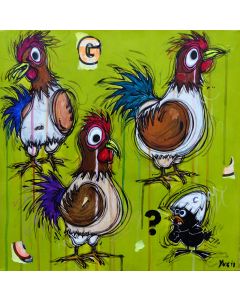 Yux, Chickens ?, acrilico, pastelli a cera, smalto e manifesti su tela, 50x50 cm
