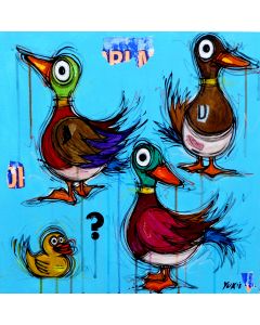 Yux, Ducks ?, acrilico, pastelli a cera, smalto e manifesti su tela, 50x50 cm