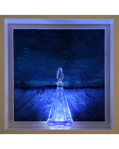 Andrea Morreale, Interior Window, oil on wood, crystal, 2 dl of Blu Curaçao, LED light  with sound control, 63x63x15 cm