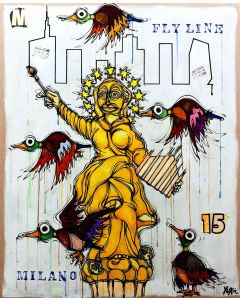 Yux, Flyline Milano 15, acrilico, smalto e manifesti su tela, 114x140 cm