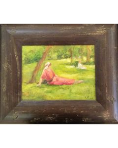 Daniela Penco, Donna in giardino, olio su cartone telato, 24x18 cm (39x33cm con cornice)
