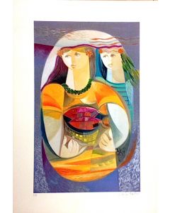 Vittorio Maria Di Carlo, women with a basket of fish , graphics on paper, 50x35 cm