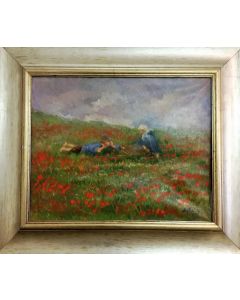 Daniela Penco, Talking in a field of poppies, oil on canvas, 24x30 cm (37x43 cm with frame)