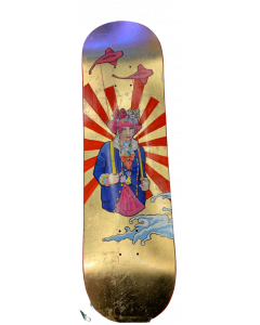 Valeria Perversi, Harajuku, acrilico e matita su tavola da skateboard e foglia d’oro, 23x85 cm 
