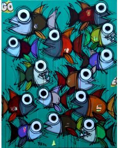 Yux, Go Fishes, acrilico pastelli a cera e manifesti su tela, 80x100 cm