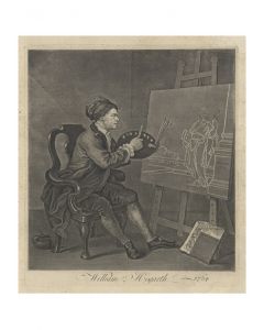 William Hogarth, Hogarth painting the comic muse, etching, 40x35