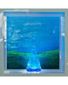 Andrea Morreale,The silence of 5 o'clock,oil on wood, crystal, 2 dl of Blu Curaçao, LED light  with sound control, 63x63x15 cm