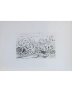 Antonio Ligabue, Ox with plough, drypoint, 31.5x21.4 cm (sheet 70x50 cm)