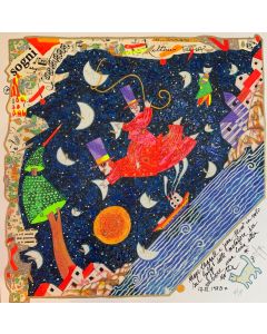 Francesco Musante, Marc Chagall e Joan Miró flying above the Gulf, materic screen printing, 35x35 cm