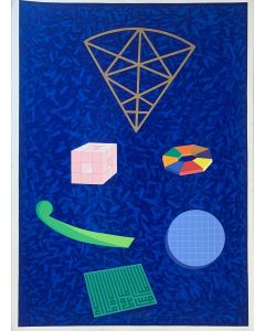 Lucio Del Pezzo, Composition on Blue, silkscreen and collage, 100x70 cm