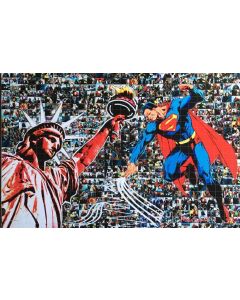 Maria Murgia, Serie supereroi: Superman, fotomosaico digitale su pannello Kapafix intagliato a mano, 50x75 cm, 2020