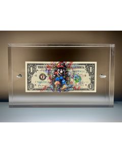 Paz Blandina , Super Mario, Tecnica mista su banconota da 1 dollaro USA, 22x13,5x4 cm