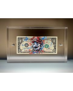 Paz Blandina , Super Mario Dollar, Tecnica mista su banconota da 1 dollaro USA, 22x13,5x4 cm