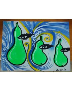 La Pupazza, Pears with the eye, acrylic and spray on paper, 40,5x29,5 cm