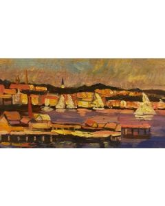 Scuola Francese, Porto al tramonto, olio su tavola, 16,5x12 cm