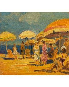 Scuola Francese, Pomeriggio alla spiaggia, olio su tavola, 10x10 cm