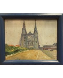 Scuola Francese, Cattedrale francese, olio su tavola, 12x15 cm (con cornice), anni '40