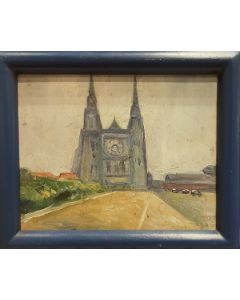 French School, French Cathedral, oil on panel, 12x15 cm (with frame), 1940s