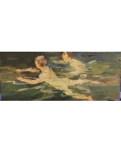 French School, Bathers, oil on panel, 8x19.5 cm