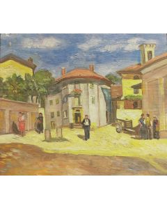 Scuola Francese, Mattinata al borgo, Olio su tavola, 21x17,5 cm