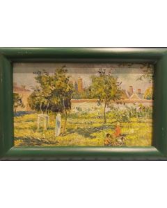 Scuola Francese, Pomeriggio in giardino, Olio su tavola, 23,5x15,5 cm (con cornice)